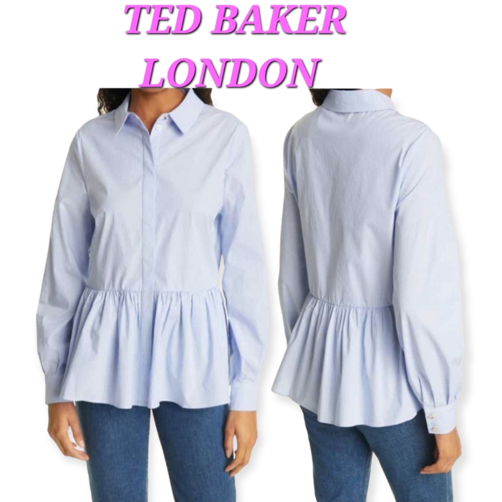 TED BAKER LONDON Stripe Peplum Button-Up Shirt Long Sleeves